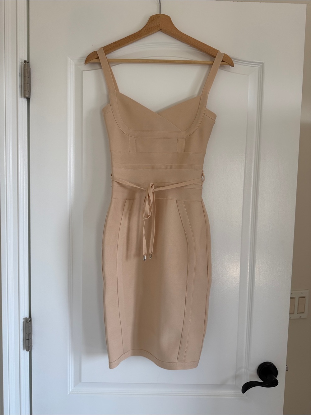 Bella Barnett Beige Mini Dress with Tie Waist